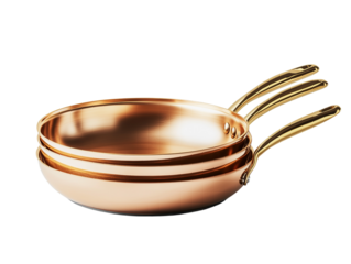 Stacked copper pans with golden handles, offering a luxurious and elegant look, isolated on white background PNG transparent.