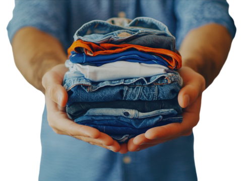 Hands holding a stack of folded clothes in blue and white, representing cleanliness and order, isolated on white background PNG transparent.