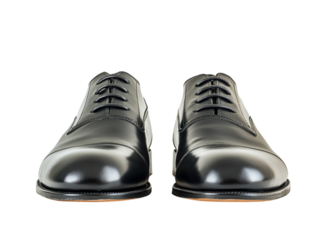Black formal leather shoes with a sleek design and laces, perfect for professional wear, isolated on white background PNG transparent.