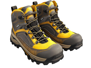 Grey and yellow hiking boots with rugged soles for outdoor adventures, isolated on white background PNG transparent.
