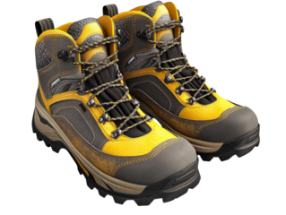 Grey and yellow hiking boots with rugged soles for outdoor adventures, isolated on white background PNG transparent.