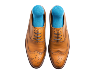 Large brown shoes with visible blue socks sticking out, creating a humorous and quirky visual, isolated on white background PNG transparent.