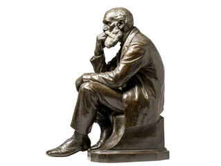 Fototapeta premium Statue of Charles Darwin seated with a contemplative expression, isolated on a white background. PNG transparent.