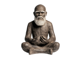 Statue of Charles Darwin seated with a contemplative expression, isolated on a white background.   PNG transparent.