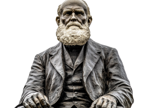 Statue of Charles Darwin seated with a contemplative expression, isolated on a white background.   PNG transparent.