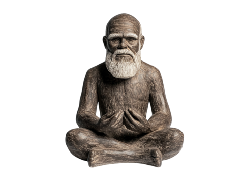 Statue of Charles Darwin seated with a contemplative expression, isolated on a white background.   PNG transparent.