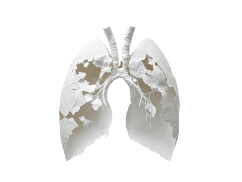 Paper cutout of lungs with holes representing lung damage, isolated on a white background.   PNG transparent.