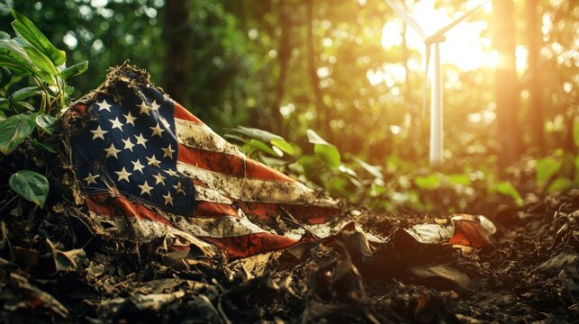 Torn American Flag in Nature with Wind Turbine