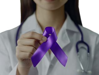Healthcare professional holding a purple awareness ribbon, symbolizing support and awareness, white background. PNG transparent.