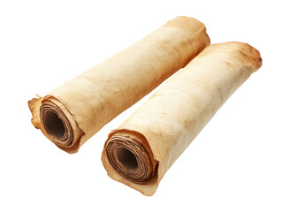 Two old, rolled-up scrolls with aged parchment texture, isolated on a white background.   PNG transparent.