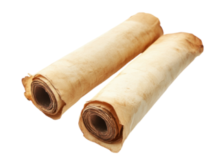Two old, rolled-up scrolls with aged parchment texture, isolated on a white background.   PNG transparent.