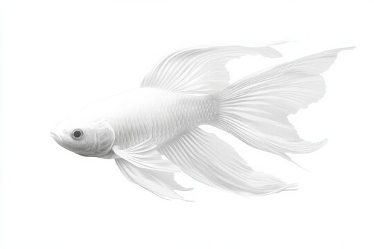 Beta Fish Swimming with Long Flowing White Fins, Isolated on White Background