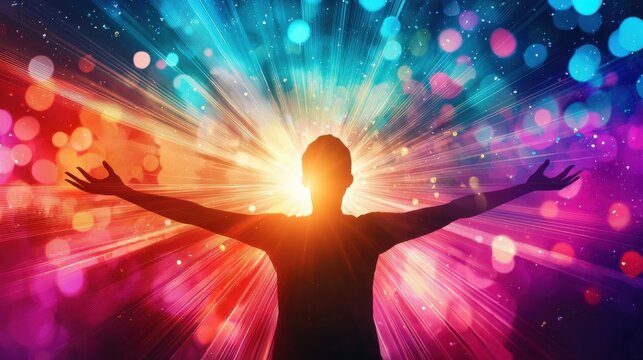 Positive Light Burst: A human silhouette surrounded by abstract rays of light and energy beams, representing an inner burst of positivity radiating outwards