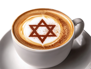 Cup of coffee with a Star of David design made with cinnamon on the foam.   PNG transparent.