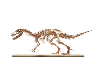 Dinosaur skeleton fossil displayed on a dark background, showcasing its massive size and ancient...