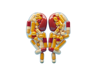 Pills arranged to form the shape of kidneys on a blue background.   PNG transparent.