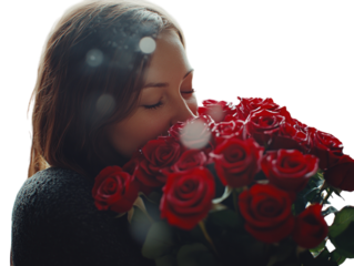 Man kissing a woman on the cheek while she holds a bouquet of red roses, romantic setting.   PNG transparent.