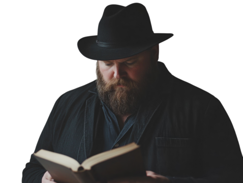 Bearded man wearing a black hat and suit, reading a book, white background.   PNG transparent.