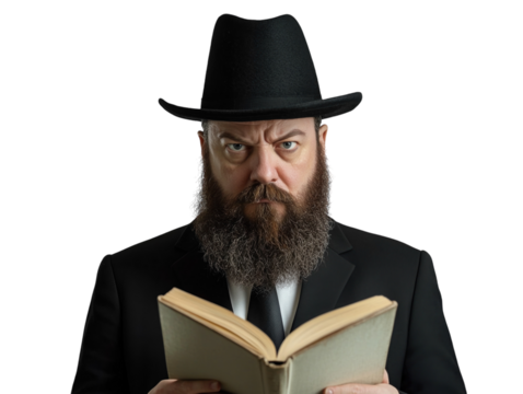 Bearded man wearing a black hat and suit, reading a book, white background.   PNG transparent.