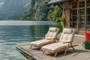 Fototapeta premium Two wooden garden sun loungers on the dock overlooking a lake, featuring outdoor armchairs with light beige fabric and red lifeboats.