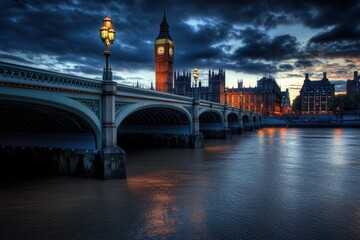 Fototapeta premium Big Ben and Houses of Parliament. Iconic British Architecture in Blue Sky