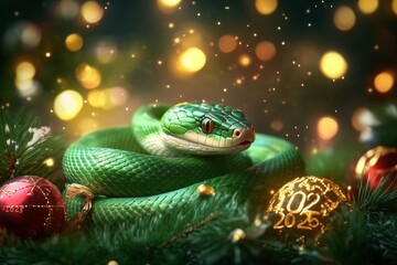 Fototapeta premium Happy new year 2025 green tree snake.