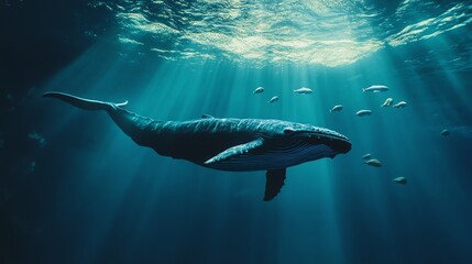 Fototapeta premium A humpback whale swims through the ocean, surrounded by a school of fish.