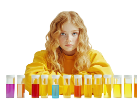 Girl conducting a science experiment with colorful liquids in test tubes, white background.   PNG transparent.