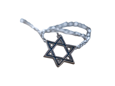 Open book with a white kipá and a Star of David necklace, white background. PNG transparent. - Powered by Adobe
