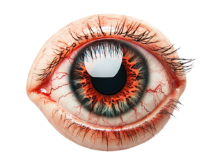 Realistic model of a human eye with vivid colors and detailed veins, white background.   PNG transparent.