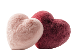 Two plush hearts, one pink and one red, soft and fluffy on a white background.   PNG transparent.