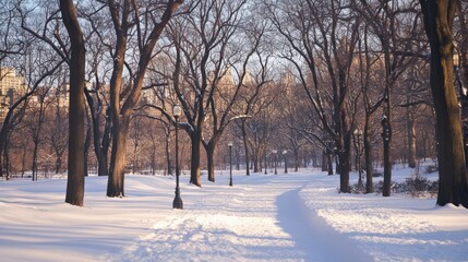 A snowy path through a winter forest with lampposts and tree shadows