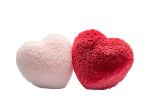 Two plush hearts, one pink and one red, soft and fluffy on a white background.   PNG transparent.