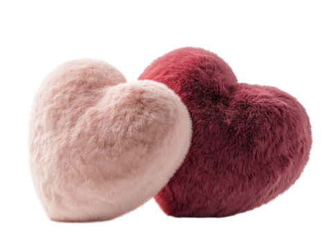 Two plush hearts, one pink and one red, soft and fluffy on a white background.   PNG transparent. - Powered by Adobe