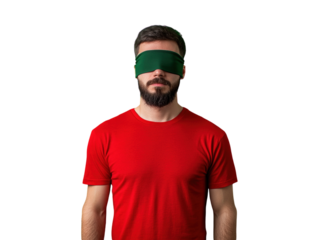 Man with a blindfold over his eyes standing against a green background.   PNG transparent.