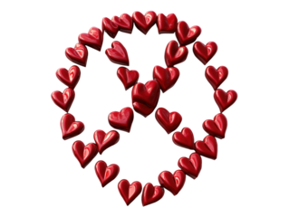 Peace symbol made of red hearts on a white background.   PNG transparent.