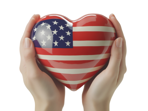 Heart-shaped object painted with the American flag held in hands.   PNG transparent.