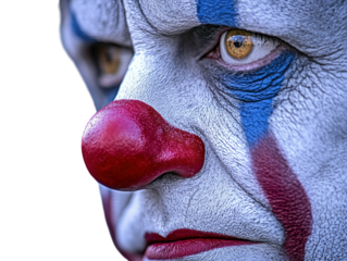 Sad clown with white face paint and red nose PNG transparent.