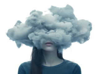 Woman with head hidden in clouds on white background PNG transparent.