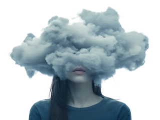 Woman with head hidden in clouds on white background PNG transparent.