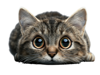 Cute cat lying on the floor with big eyes on a gray background PNG transparent.