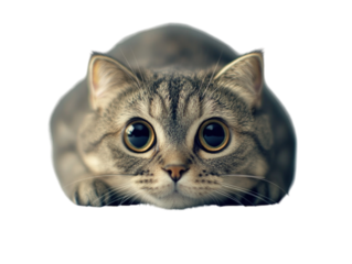 Cute cat lying on the floor with big eyes on a gray background PNG transparent.