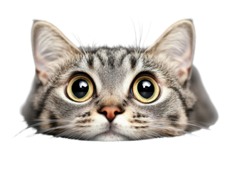 Cute cat lying on the floor with big eyes on a gray background PNG transparent.