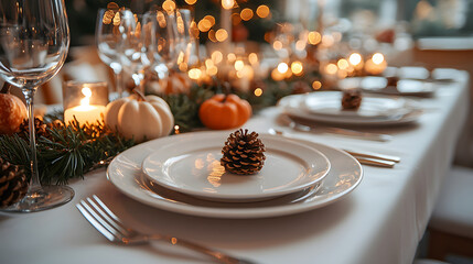 Naklejka premium Beautifully set Thanksgiving dinner table with fall decorations. Generative AI.