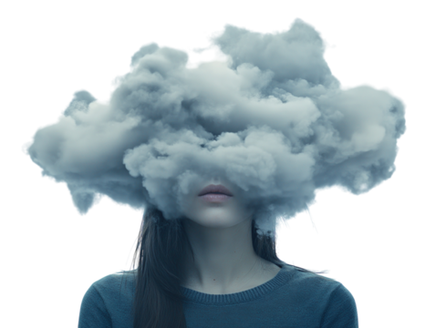 Woman with head hidden in clouds on white background PNG transparent.