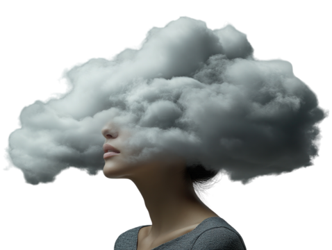 Woman with head hidden in clouds on white background PNG transparent.