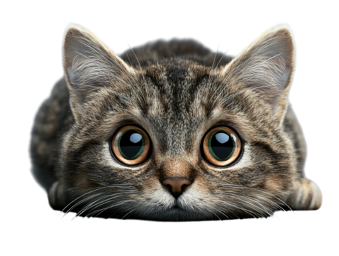 Cute cat lying on the floor with big eyes on a gray background PNG transparent.