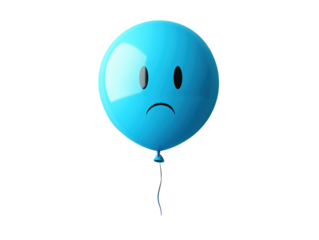 Blue balloon with a sad face on a blue background PNG transparent.