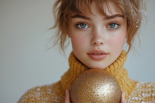 a cute girl with short hair wearing a yellow pullover holding a big golden christmas ball