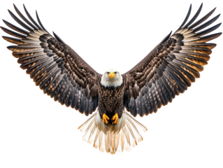 Bald eagle with wings spread on white background PNG transparent.